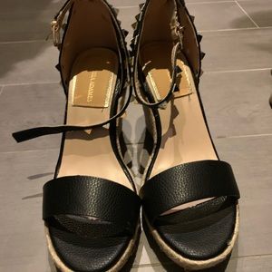 Black Leather Rockstar Studded Espadrille Wedges